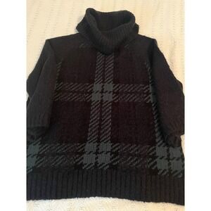 Lands End Green Black Plaid Sweater Cowl Neck sz Large 3/4 sleeve Cozy Cabin